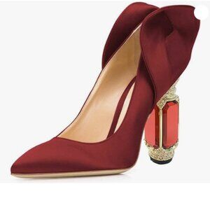 FSJ Women Graceful Satin Pumps Pointed Toe Crystal Chunky Block High Heels Red